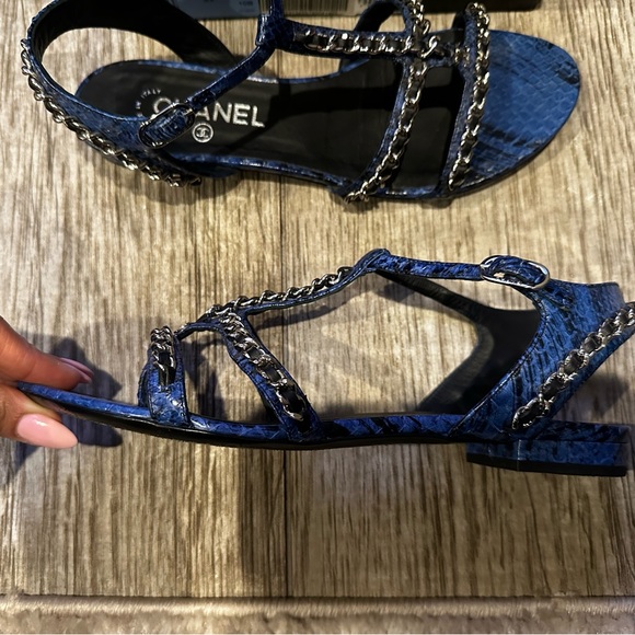 CHANEL- Python Blue, silver, and black thong fancy sandal - Picture 6 of 10